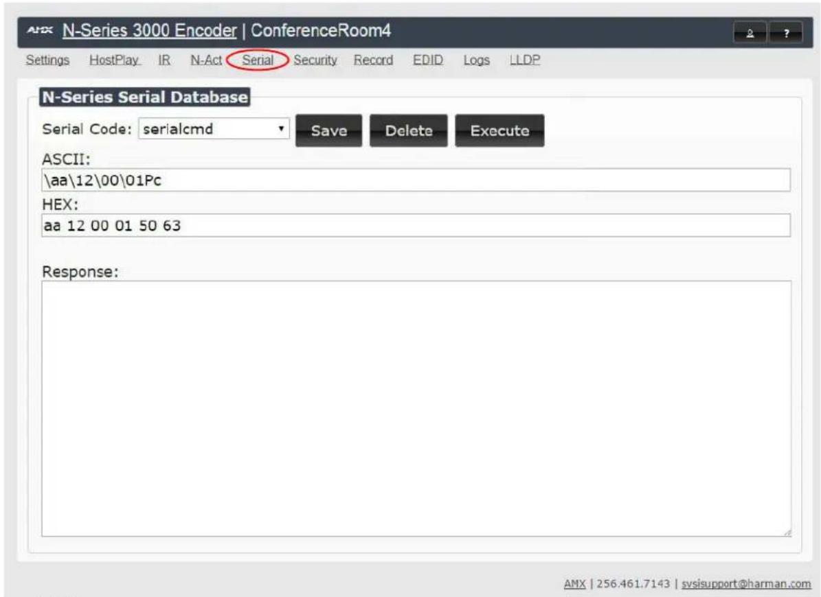 N-Series 3000 Encoder | ConferenceRoom4 Settings HostPlay IR N-Act Serial Security Record EDID Logs LLDP N-Series Serial Database Serial Code: serialcmd Save Delete Execute ASCII: \aa\12\00\01Pc HEX: aa 12 00 01 50 63 Response: