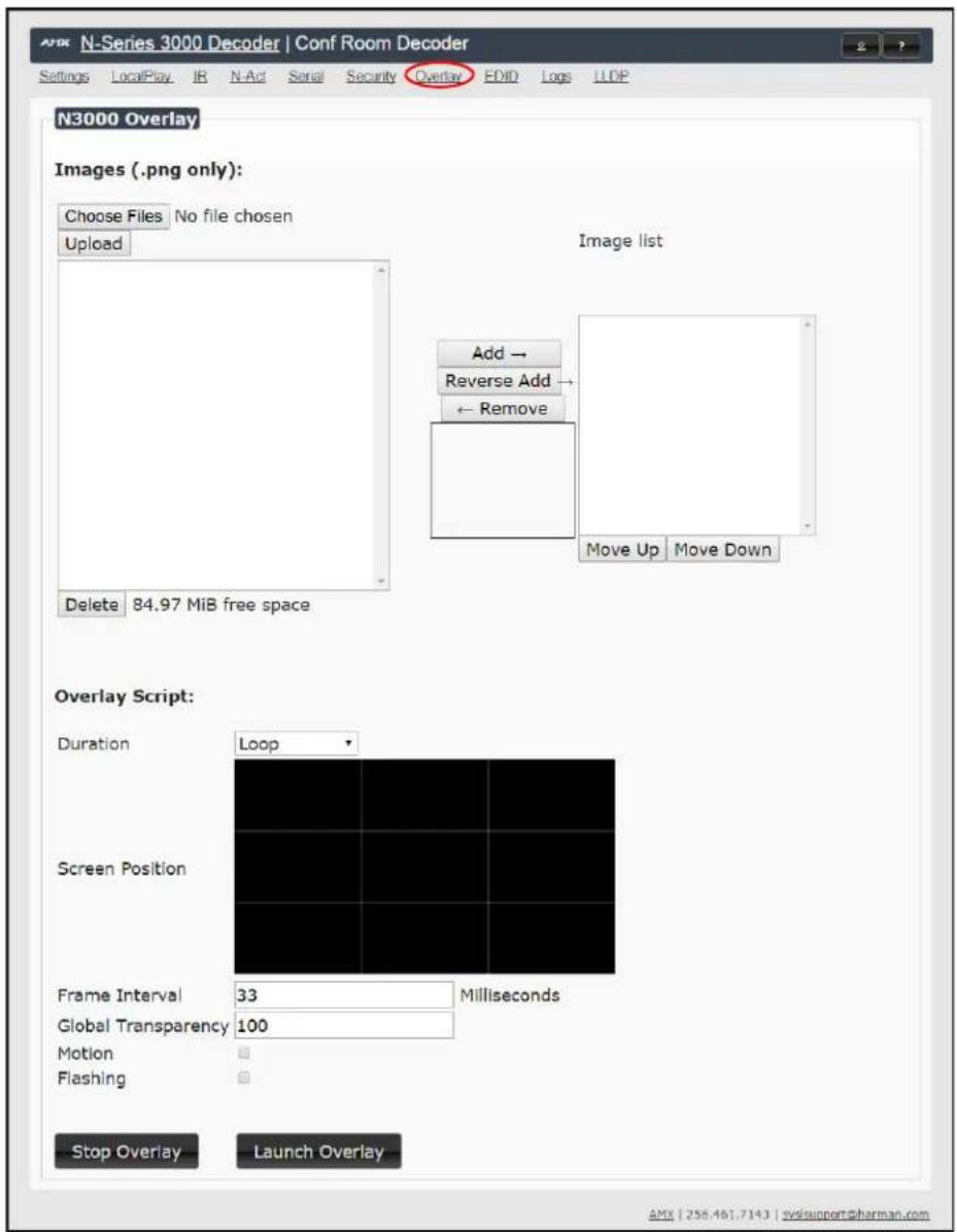 N3000 Overlay Images (.png only): Choose Files No file chosen Upload Image list Add → Reverse Add → ← Remove Move Up Move Down Delete 84.97 MiB free space Overlay Script: Duration Loop Screen Position Frame Interval 33 Milliseconds Global Transparency 100 Motion Flashing Stop Overlay Launch Overlay…