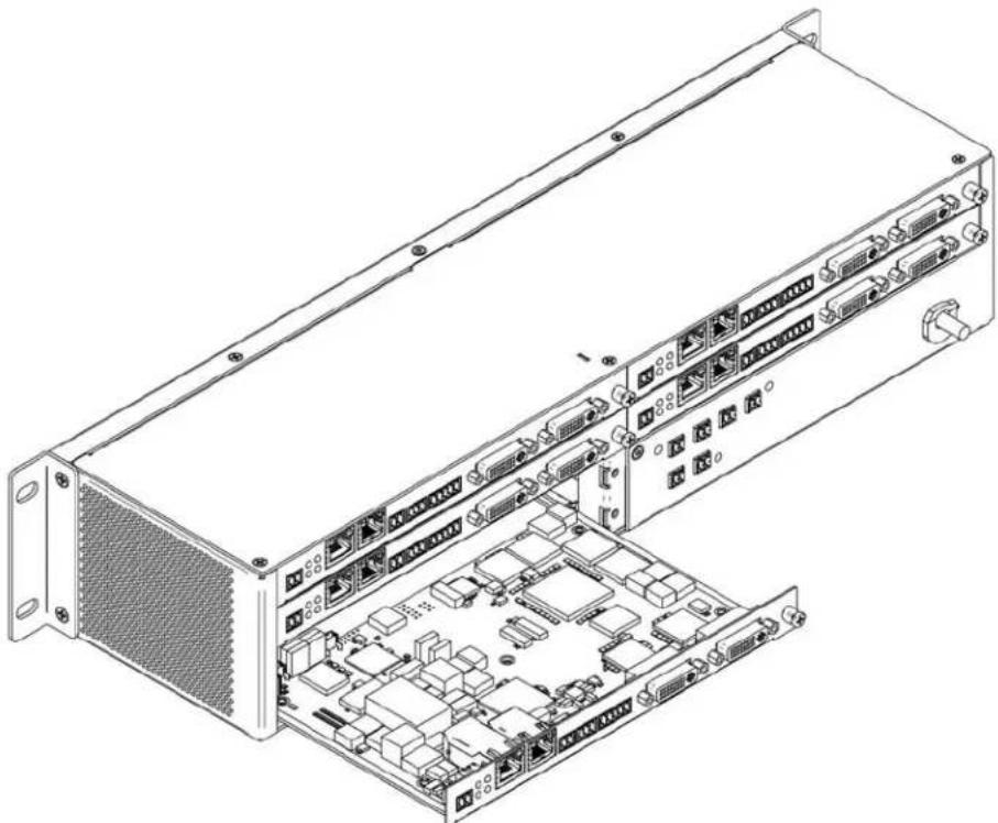 Technical line drawing of a server rack with internal components and ventilation slots (no text or labels)