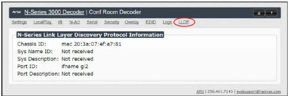 N-Series Link Layer Discovery Protocol Information Chassis ID: mac 20:3a:07:ef:a7:81 Sys Name ID: Not received Sys Description: Not received Port ID: ifname gi2 Port Description: Not received