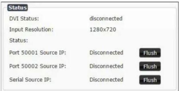 Status DVI Status: disconnected Input Resolution: 1280x720 Status: Port 50001 Source IP: Disconnected Flush Port 50002 Source IP: Disconnected Flush Serial Source IP: Disconnected Flush