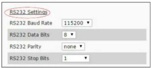 RS232 Settings RS232 Baud Rate 115200 ▼ RS232 Data Bits 8 ▼ RS232 Parity none ▼ RS232 Stop Bits 1 ▼