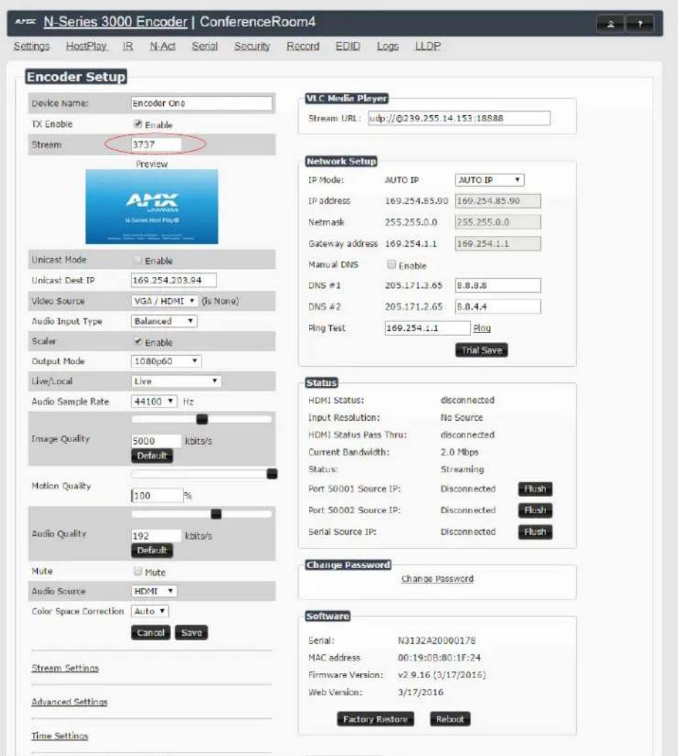 N-Series 3000 Encoder | ConferenceRoom4 Settings HostPlay IR N-Act Serial Security Record EDID Logs LLDP Encoder Setup Device Name: Encoder One TX Enable Enable Stream 3737 Preview Unicast Mode Enable Unicast Dest IP 169.254.203.94 Video Source VGA / HDMI (Is None) Audio Input Type Balanced Scaler E…