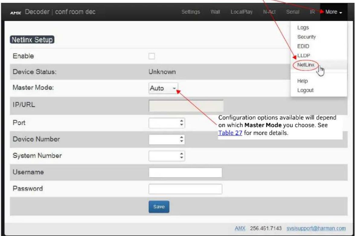 Netlinx Setup Enable Device Status: Unknown Master Mode: Auto IP/URL Port Device Number System Number Username Password Save Configuration options available will depend on which Master Mode you choose. See Table 27 for more details. NetLinx LLDP Logs Security EDID Help Logout AMX 256.461.7143 svsisupport@harman.com