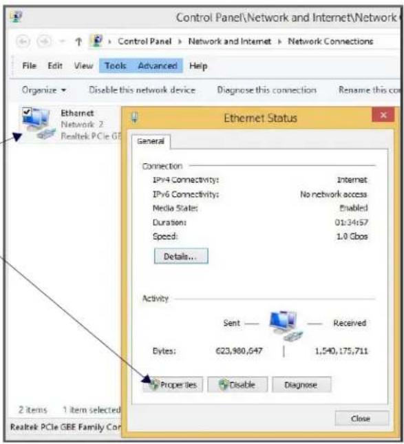 Control Panel\Network and Internet\Network File Edit View Tools Advanced Help Organize Disable this network device Diagnose this connection Rename this con Ethernet Network 2 Realtek PCIe GE Ethernet Status General Connection IPv4 Connectivity: Internet IPv6 Connectivity: No network access Media States: Enabled Duration: 01:34:57 Speed: 1.0 Gbps Details... Activity Sent — Received Bytes: 623,980,647 | 1,540,175,711 Properties Disable Diagnose Close 2 items 1 item selected Realtek PCIe GBE Family Con