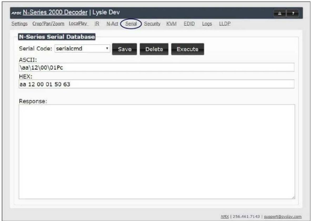 N-Series 2000 Decoder | Lysle Dev Settings Crop/Pan/Zoom LocaPlay IR N-Act Serial Security KVM EDID Logs LLDP N-Series Serial Database Serial Code: serialcmd Save Delete Execute ASCII: \aa\12\00\01Pc HEX: aa 12 00 01 50 63 Response: