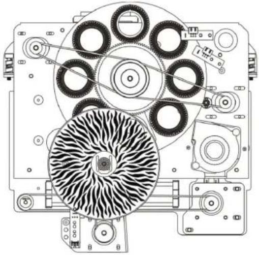 Technical line drawing of a mechanical assembly with gears and shafts (no text or symbols)