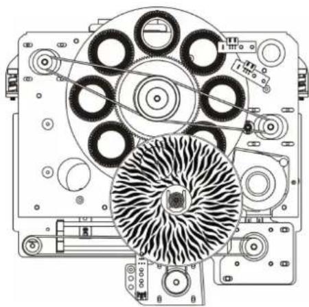 Technical line drawing of a mechanical device with multiple gears and a central fan (no text or symbols)