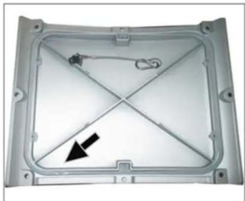 Metallic enclosure frame with diagonal X-shaped partition and a black arrow pointing to one corner (no text or symbols)