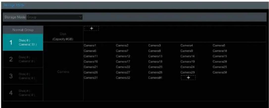 Storage Mode Storage Mode Group Normal Group Disk (Capacity RGB) 1 Disk(8 ) Camera(33) 2 Disk(8 ) Camera(8) 3 Disk(8 ) Camera(8) 4 Disk(8 ) Camera(8)