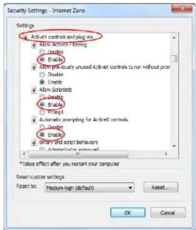 Security Settings - Internet Zone Settings ActiveX controls and plug-in Allow ActiveX Filtering Disable Enable Allow previously unused ActiveX controls to run without prior Disable Enable Allow Scriptets Disable Enable Prompt Automatic prompting for ActiveX controls Disable Enable Entry and script behaviors Administrator approved *Takes effect after you restart your computer Reset custom settings Reset to: Medium-high (default) Reset... OK Cancel