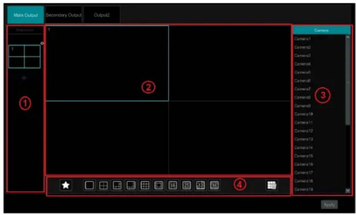 Main Output Secondary Output Output2 Sequence 1 ① ② ③ Camera Camera1 Camera2 Camera3 Camera4 Camera5 Camera6 Camera7 Camera8 Camera9 Camera10 Camera11 Camera12 Camera13 Camera14 Camera15 Camera16 Camera17 Camera18 Camera19 Apply