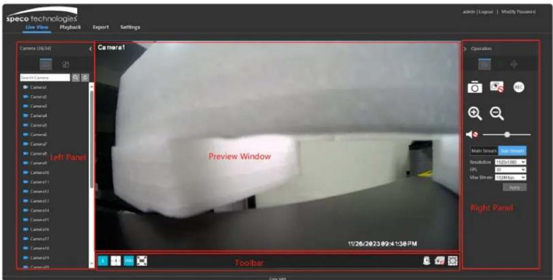 speco technologies Live View Playback Export Settings Camera (34/34) Search Camera Left Panel Camera1 Camera2 Camera3 Camera4 Camera5 Camera6 Camera7 Camera8 Camera9 Camera10 Camera11 Camera12 Camera13 Camera14 Camera15 Camera16 Camera17 Camera18 Camera19 Camera20 Preview Window 11/26/2023 09:41:38 PM Toolbar Operation Multi Screen Multi Screen Resolution 132x100 FPS 50 Max Filter 100MHz Apply Right Panel