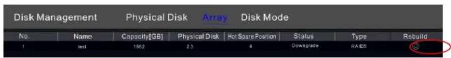 Disk Management Physical Disk Array Disk Mode No. Name Capacity[GB] Physical Disk Hot Spare Position Status Type Rebuild 1 test 1862 23 4 Downgrade RAIDS