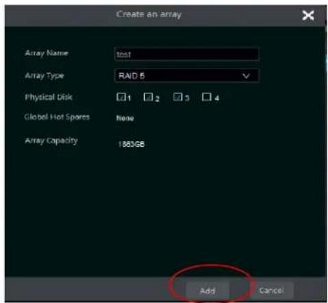 Create an array Array Name 1051 Array Type RAID 5 Physical Disk 1 2 3 4 Global Hot Spores None Array Capacity 1883GB Add Cancel