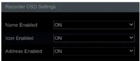 Recorder OSD Settings Name Enabled ON Icon Enabled ON Address Enabled ON
