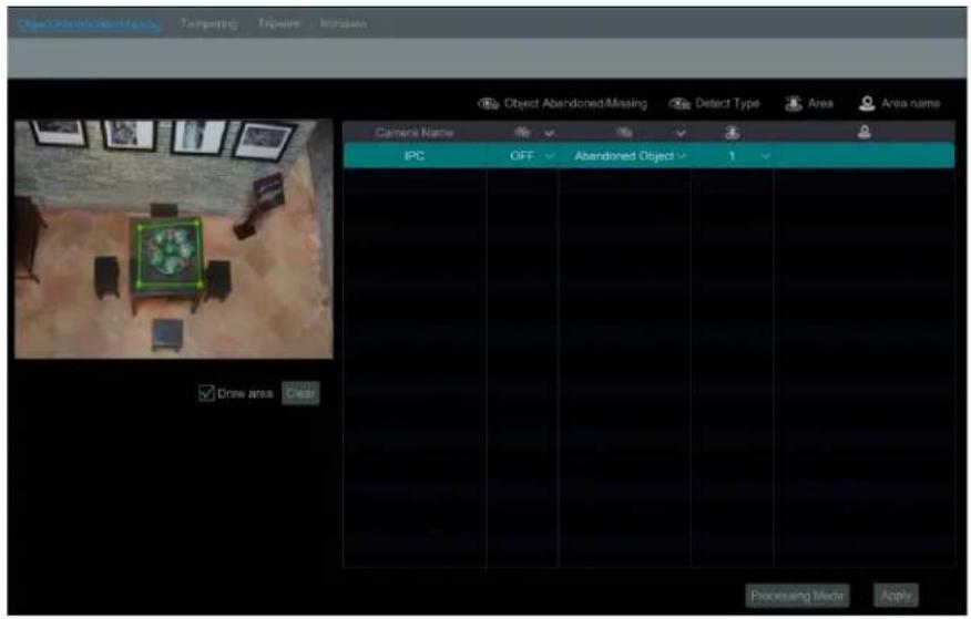 Object Abandoned/Missing Targeting Tripuser Importing Object Abandoned/Missing Detect Type Area Area name Camera Name IPC OFF Abandoned Object 1 Draw area Clear Processing Mode Apply