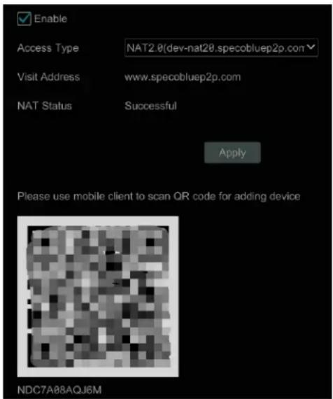 Enable Access Type NAT2.0(dev-nat20.specobluep2p.com Visit Address www.specobluep2p.com NAT Status Successful Apply Please use mobile client to scan QR code for adding device NDC7A88AQJ6M