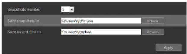 Snapshots number Save snapshots to Save record files to C:\Users\h\Pictures Browse C:\Users\h\Videos Browse Apply