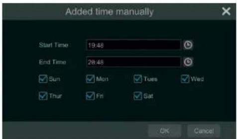 Added time manually Start Time 19:46 End Time 28:46 Sun Mon Tues Wed Thur Fri Sat OK Cancel