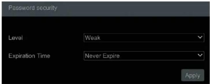 Password security Level Weak Expiration Time Never Expire Apply