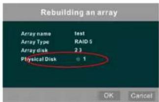 Rebuilding an array Array name test Array Type RAID 5 Array disk 2 3 Physical Disk ⊕ 1 OK Cancel