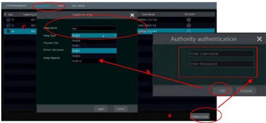 Disk Management Disk Capacity Oil 901 901 Catalase array Disk Model Hot Space 15 901 15 901 Array Name load Array Type RAID3 Physical Data RAID8 Global Hot Span RAID1 RAID5 Array Capacity RAID6 RAID18 Authority authentication Enter Username Enter Password OK Cancel Add Cancel a Create an array