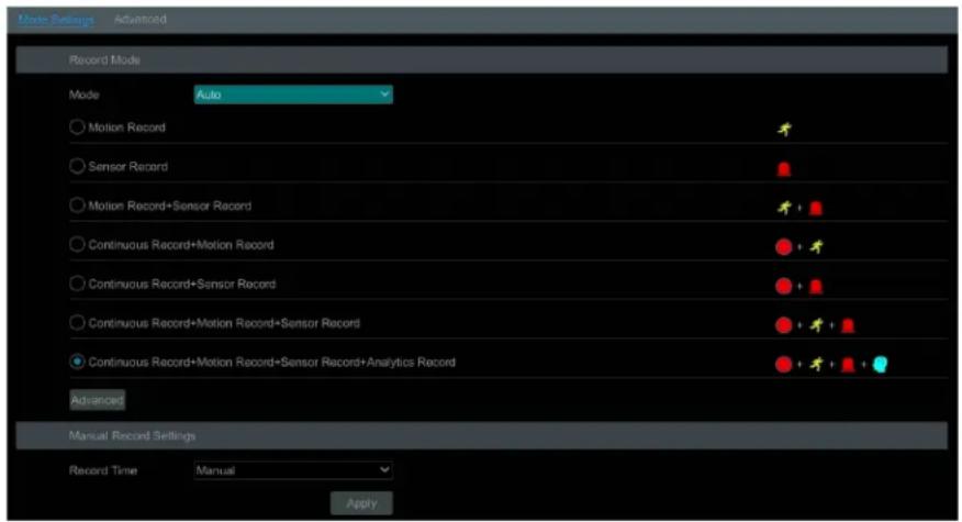 Record Settings Advanced Record Mode Mode Auto Motion Record Sensor Record Motion Record+Sensor Record Continuous Record+Motion Record Continuous Record+Sensor Record Continuous Record+Motion Record+Sensor Record Continuous Record+Motion Record+Sensor Record+Analytics Record Advanced Manual Record Settings Record Time Manual Apply