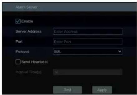 Alarm Server Enable Server Address Enter Address Port Enter Port Protocol XML Send Heartbeat Interval Time(0) 1s Test Apply