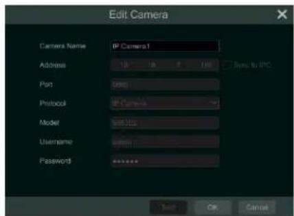 Edit Camera Camera Name: IP Camera1 Address: 100 100 100 Port: (RGB) Protocol: IP Camera1 Model: 687.125 Username: ******** Password: ******** Test OK Cancel
