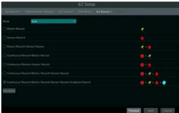EZ Setup EZ Features Other Networks Settings EZ Capsets Onk Mhzg EZ Record Mode Auto Motion Record Sensor Record Motion Record+Sensor Record Continuous Record+Motion Record Continuous Record+Sensor Record Continuous Record+Motion Record+Sensor Record Continuous Record+Motion Record+Sensor Record+Analysis Record Previous Next Cancel