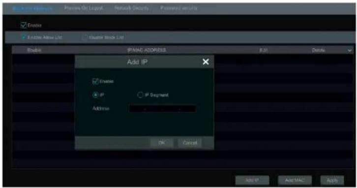 Enable Enfera Allow List Enable Add List IP MAC ADDRESS Add IP Enable IP IP Segment Address OK Cancel Add IP Add MAC Help