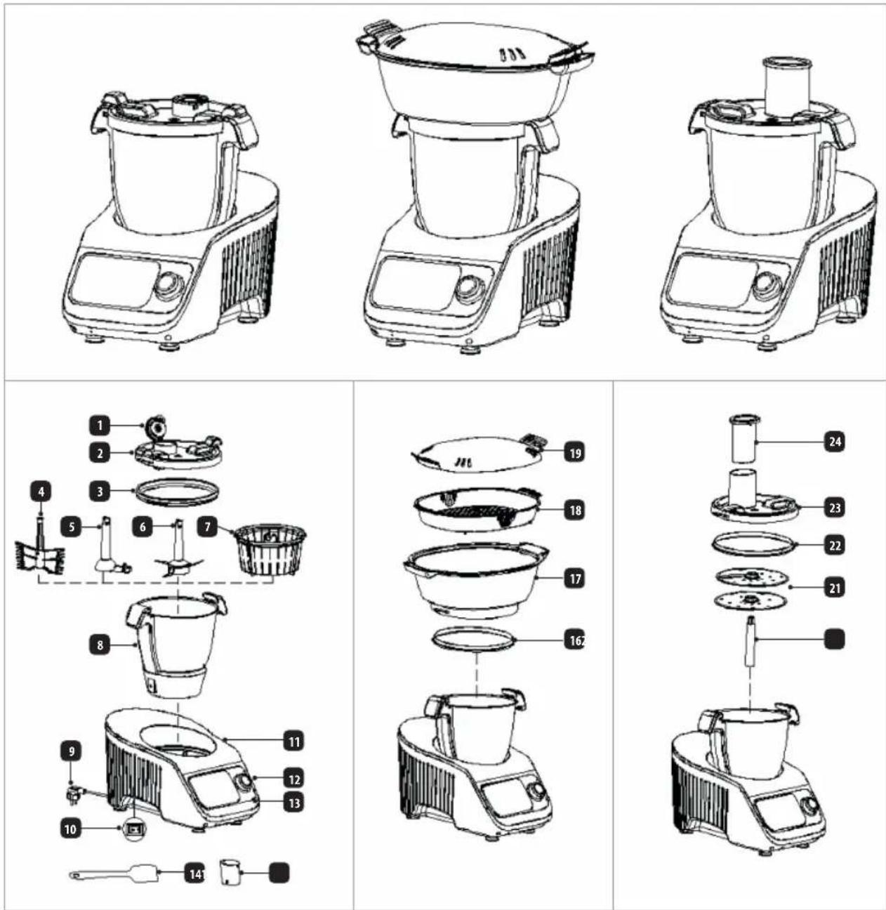 Technical diagram showing exploded and assembled views of a kitchen appliance with numbered parts for identification.