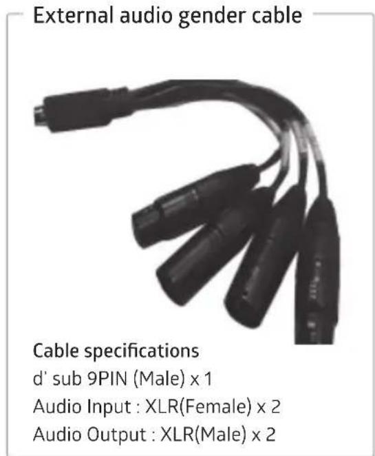 External audio gender cable Cable specifications d' sub 9PIN (Male) x 1 Audio Input : XLR(Female) x 2 Audio Output : XLR(Male) x 2