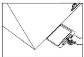 Line drawing of a hand holding a tablet and pen, with no visible text or symbols