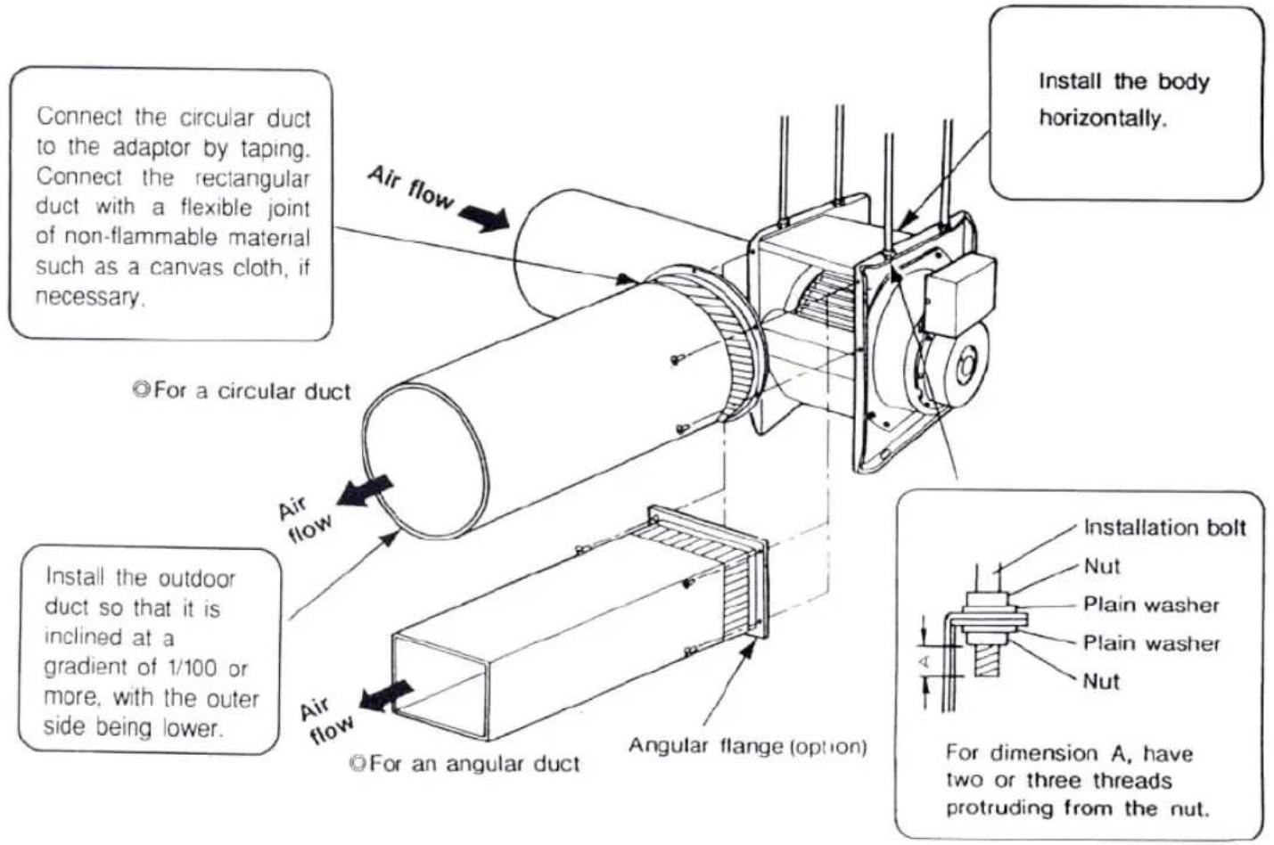 Connect the circular duct to the adaptor by taping. Connect the rectangular duct with a flexible joint of non-flammable material such as a canvas cloth, if necessary. ©For a circular duct ©For an angular duct Air flow Air flow Air flow Air flow Air flow Air flow Air flow Air flow Air flow Air flow Air flow Air flow Air flow Air flow Air flow Air flow Air flow Air flow Air flow Air flow Air flow Air flow Air flow Air flow Air flow Air flow Air flow Air flow Air flow Air flow Air flow Air flow Air flow Air flow