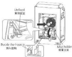 Unfixed 解除固定 Buckle the hook in 扣入挂钩 Mist holder 锁套支架