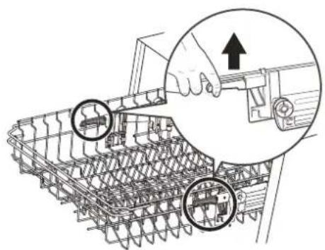 Technical diagram showing a hand operating a mechanical component with two circular insets highlighting specific parts of the component.