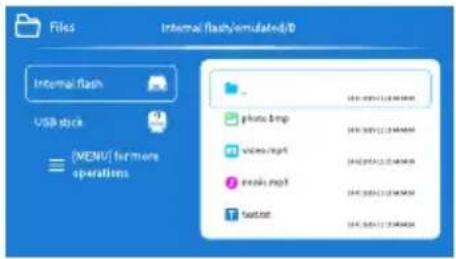 Files Internal flash/emulated/0 Internal flash USB stock [MENU] for more operations phone.bmp audio.mp4 music.mp3 textot 164. 500-12.19M4000 164. 500-12.19M4000 164. 500-12.19M4000 164. 500-12.19M4000 164. 500-12.19M4000