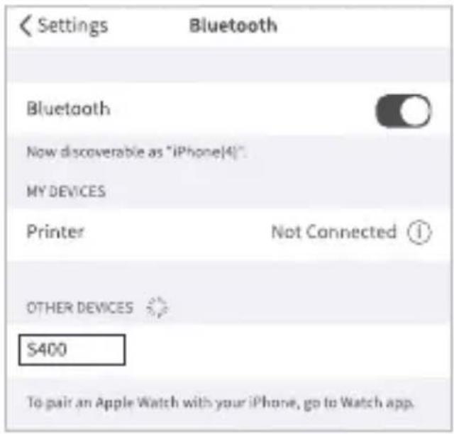 Settings Bluetooth Bluetooth Now discoverable as "iPhone(4)" MY DEVICES Printer Not Connected ① OTHER DEVICES $400 To pair an Apple Watch with your iPhone, go to Watch app.