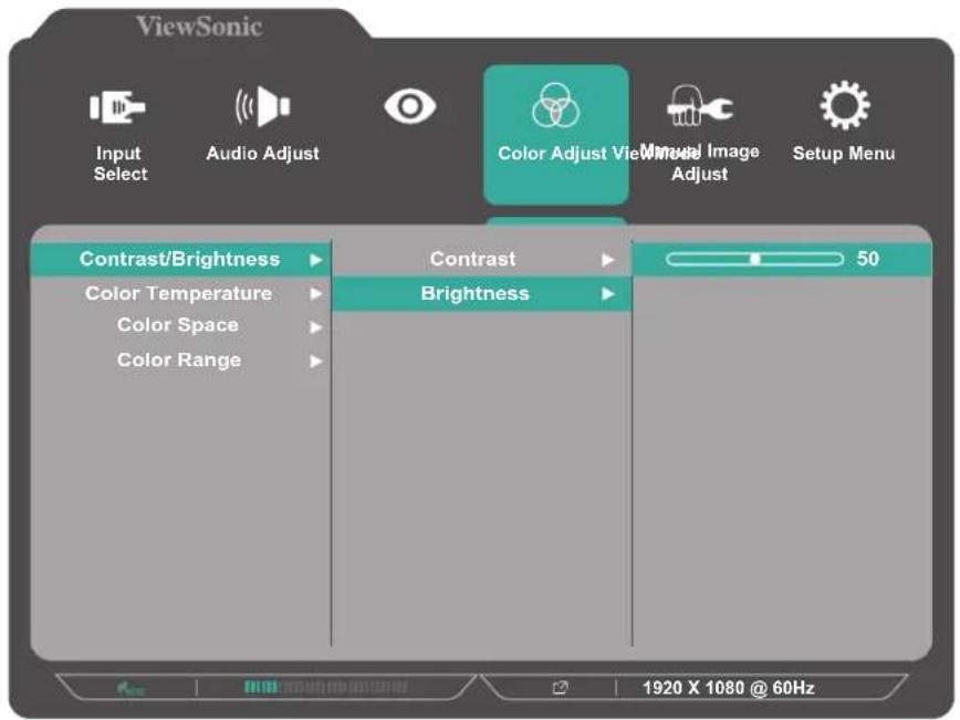 ViewSonic Input Select Audio Adjust Color Adjust View Mineral Image Adjust Setup Menu Contrast/Brightness Contrast 50 Color Temperature Brightness Color Space Color Range 1920 X 1080 @ 60Hz
