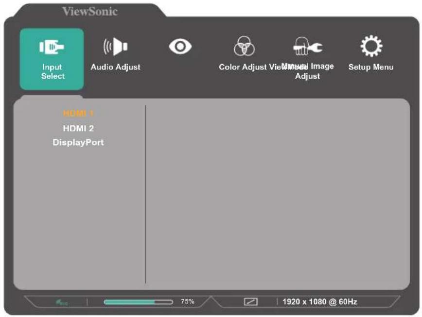 ViewSonic Input Select Audio Adjust Color Adjust View Image Image Adjust Setup Menu HDMI 1 HDMI 2 DisplayPort 75% 1920 x 1080 @ 60Hz