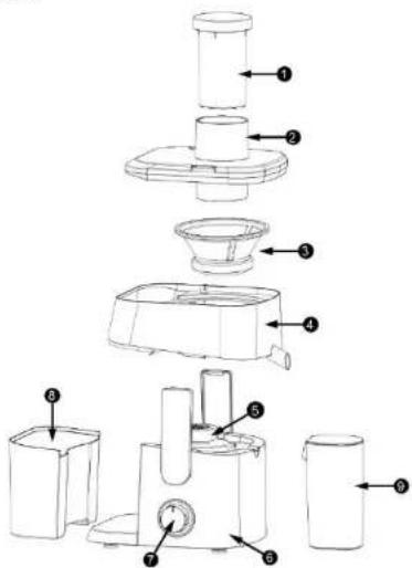Exploded view diagram of a kitchen appliance with numbered parts for identification