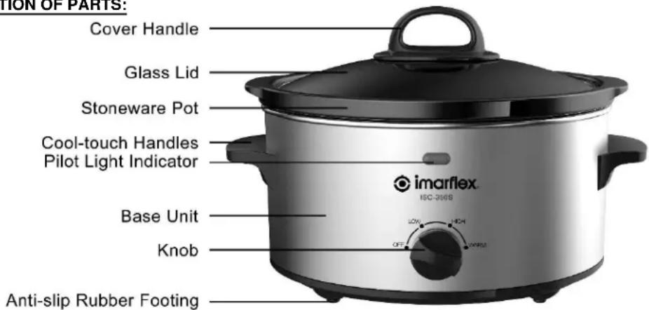 TION OF PARTS: Cover Handle Glass Lid Stoneware Pot Cool-touch Handles Pilot Light Indicator Base Unit Knob Anti-slip Rubber Footing imarflex ISC-300S