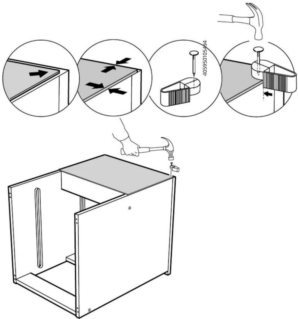 Technical diagram illustrating a door frame installation procedure with labeled components and directional arrows