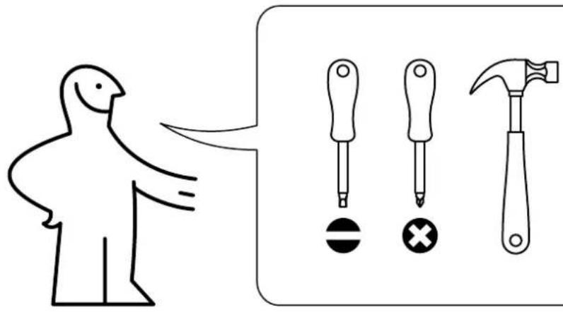 Diagram showing a bird figure pointing to three different tools: screwdriver, hammer, and cross, with corresponding icons below.