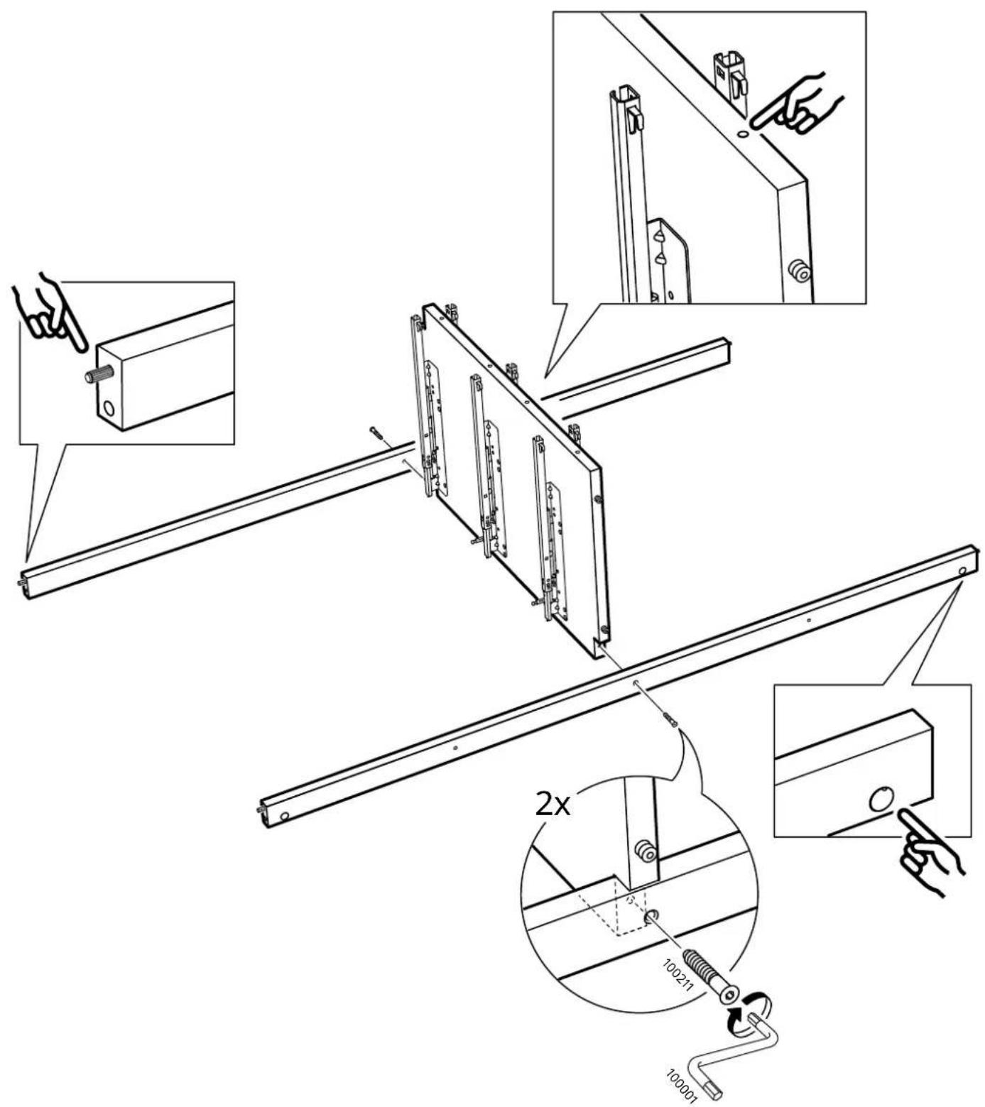 Technical diagram illustrating a mechanical assembly with labeled components and steps, including parts being handled or assembled.