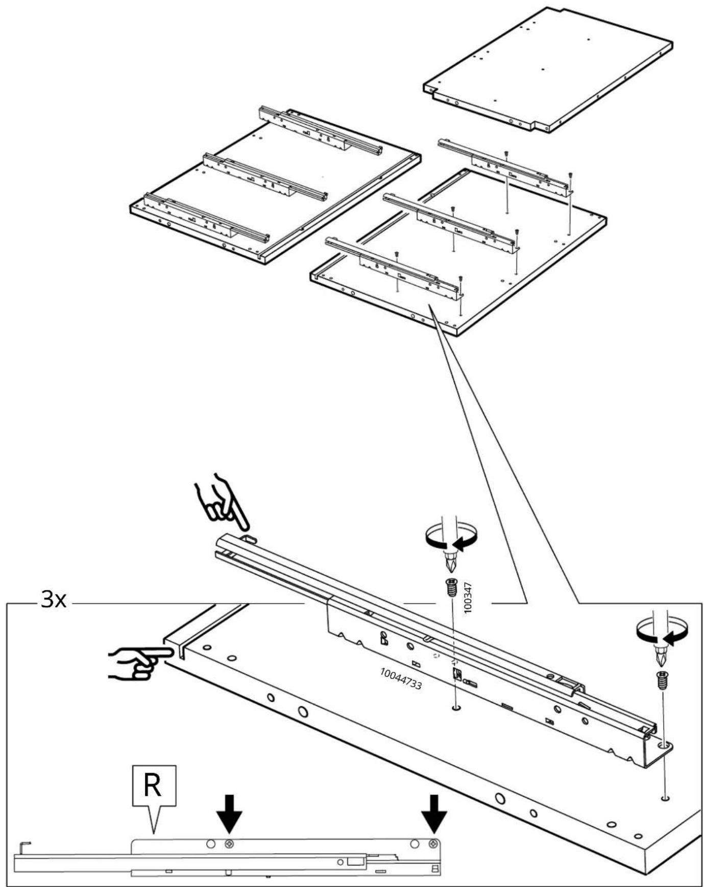 Technical diagram illustrating assembly steps of a device with labeled components and directional arrows indicating process flow.