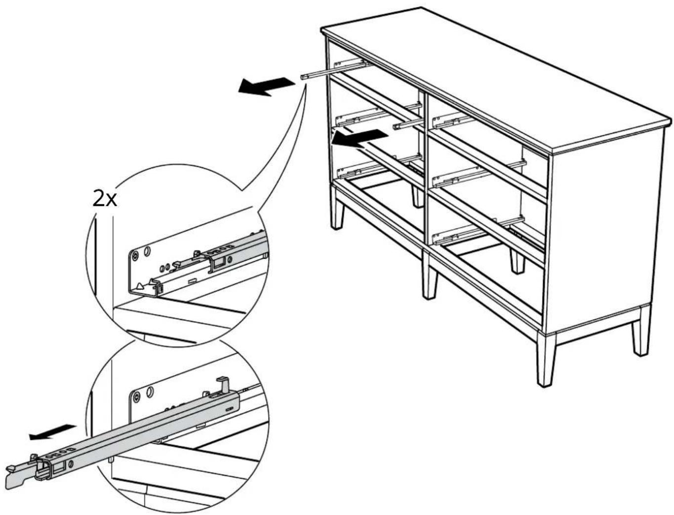 Technical diagram showing assembly of a metal shelving cabinet with 2x magnified views and directional arrows indicating assembly steps.