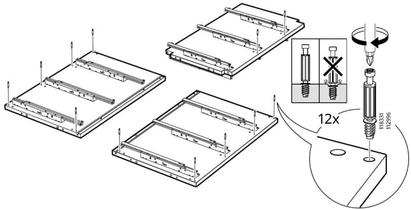 Technical diagram showing assembly steps of a screwdriver with 12x speed and 118331/112996 screw, including a magnified inset highlighting the fastening process.